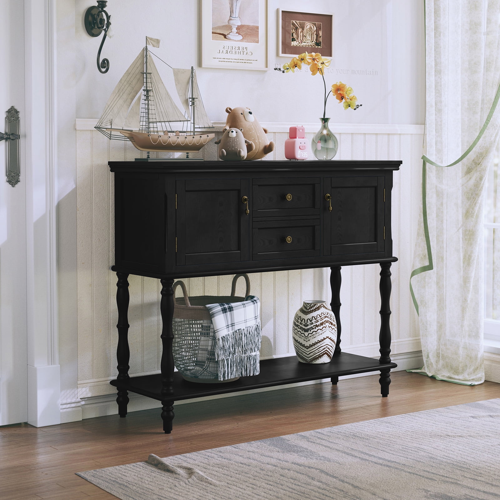 HLR 42" Farmhouse Modern Console Table, Entryway Table with Storage Shelf for Living Room, Black