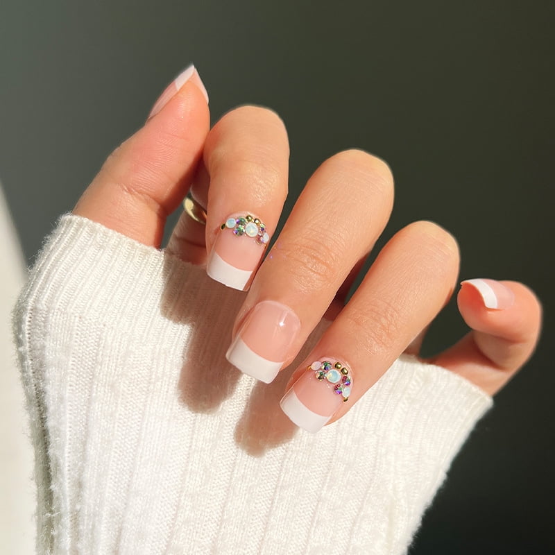 Fofosbeauty Short Square Press on Nails, Full Cover Fake Nails, French Cross Diamonds Fofosbeauty Short Square Press on Nails, Full Cover Fake Nails, French Cross Diamonds