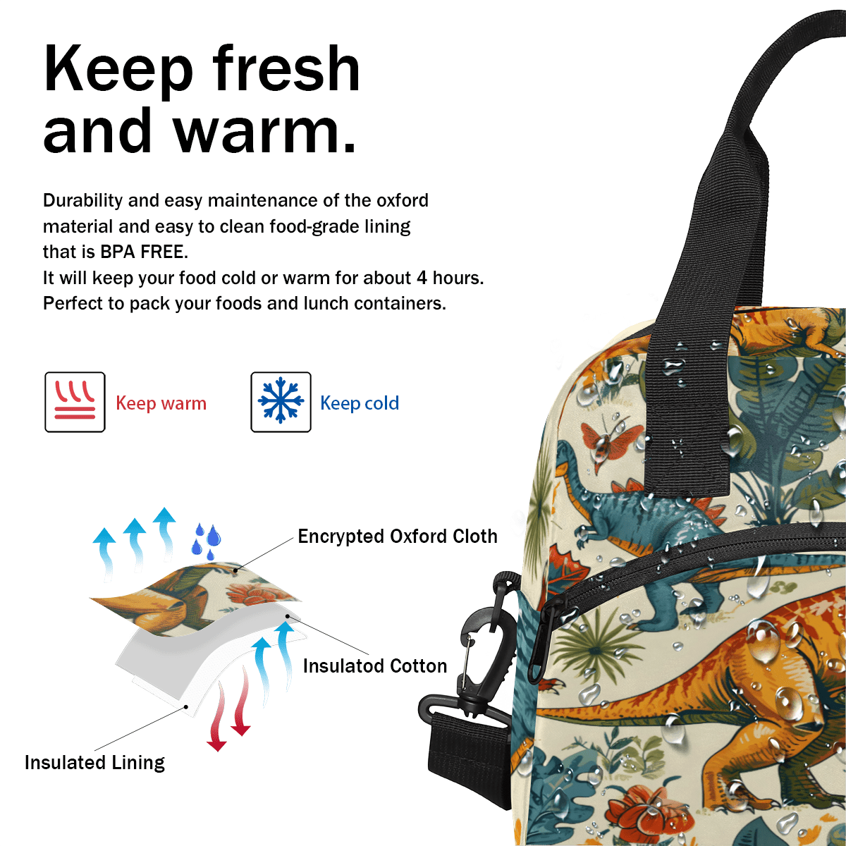 Herdesigns Dinosaur Insulated Lunch Bag for Women Men Adults Large Reusable Lunch Box Animals Leakproof Cooler Tote Bags with Adjustable Shoulder Strap