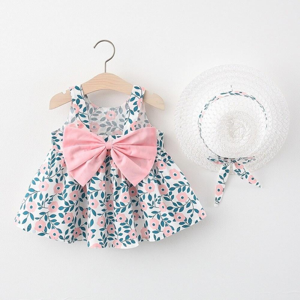 Princess Dress Toddler Baby Kids Girls Sleeveless Floral Princess Dress Hat Outfits Straw Hat 2PCS Summer Clothes Outfits