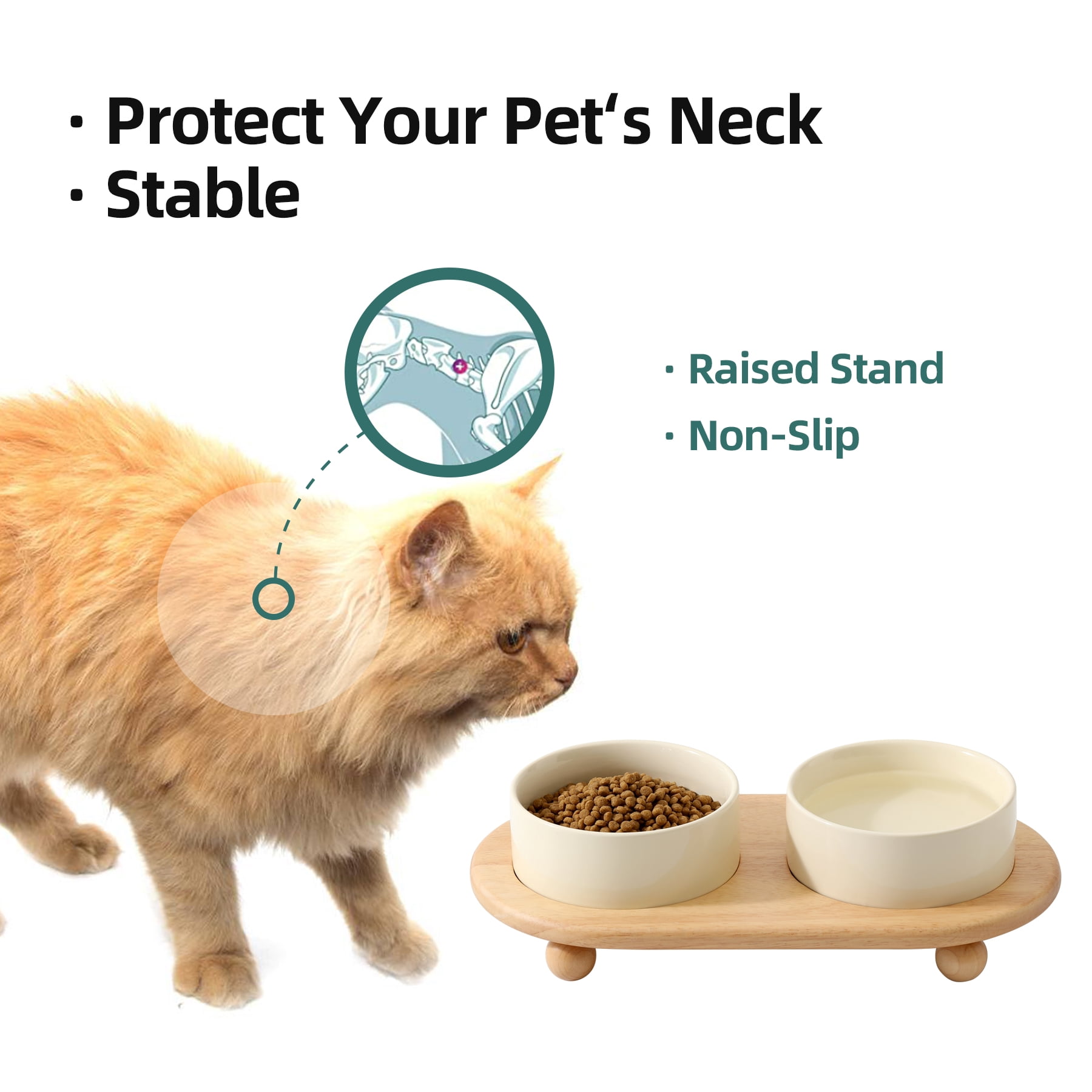 LarqeeWare Ceramic Elevated Cat Food and Water Bowl, Kitty Bowl, Raised Cat Dish, Pet Feeder (5.1 in, 2 x Light Yellow + Stand)