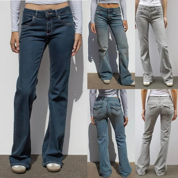 Olyvenn Fashion Low Waist Bell Bottom Jeans for Women Y2k Straight Leg Stretch Bootcut Jeans Boyfriend Flare Denim Pants Gray M