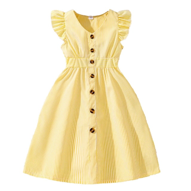 XASZHN Robe d'Été Décontractée pour Enfants Filles Robe d'Été Sans Manches Ligne A Boutonnée Ourlet à Volants Robes Rayées 8 12 Ans Jaune 11-12 Ans Robes d'Été Décontractées pour Filles