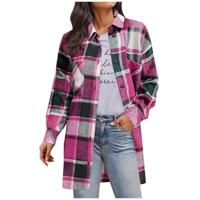 HongQid Womens Plaid Shacket Jacket Fall Spring Fashion Long Sleeve Button Up Flannel Shirt Clothing