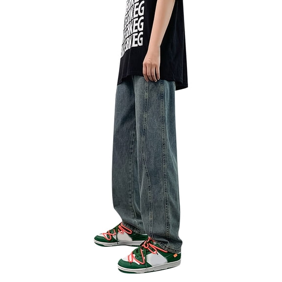YOTMKGDO Mens Jeans, Baggy Jeans, Mens High Street Washed Old Jeans Gradual Loose Straight Tube Floor Sweeping Wide Leg Pants, Blue L