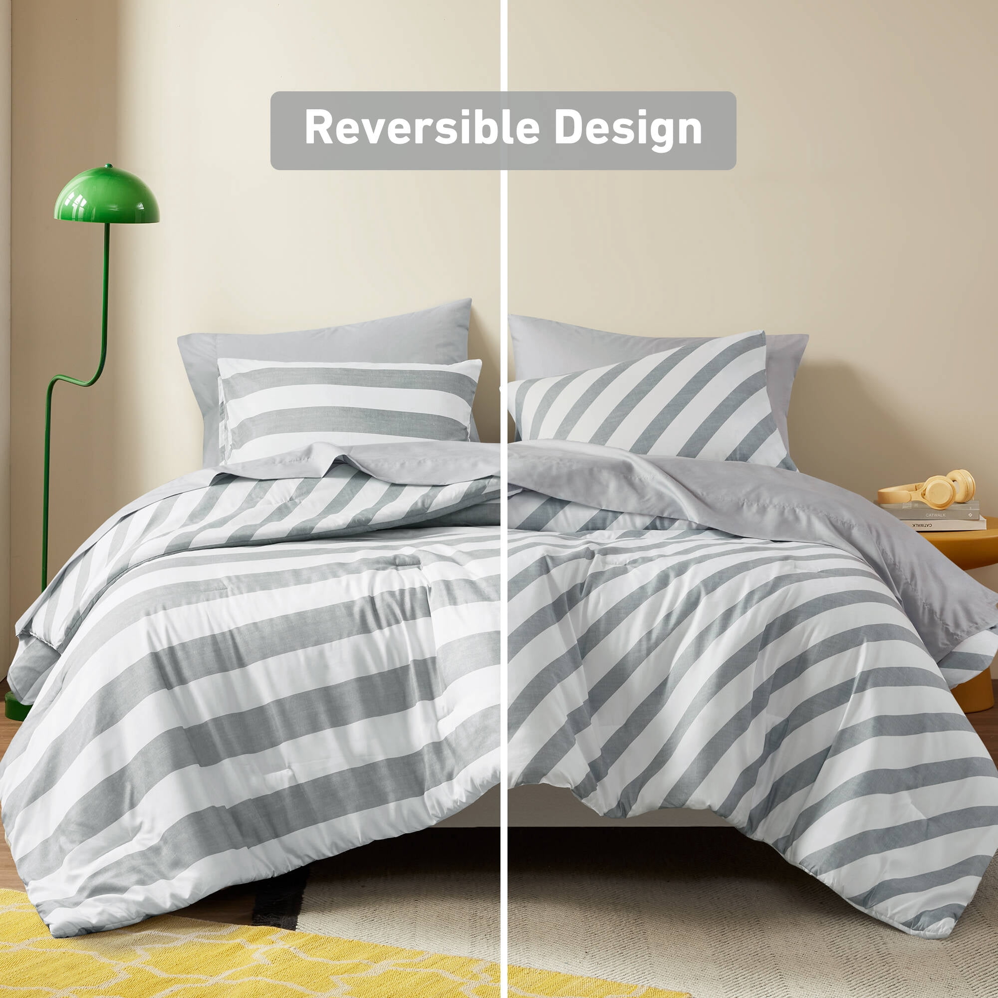 Regency Heights Essential Full Size Comforter Sets, 7-Piece Bed in a Bag Full, Reversible Striped Comforter Bed Set with Sheets, Grey
