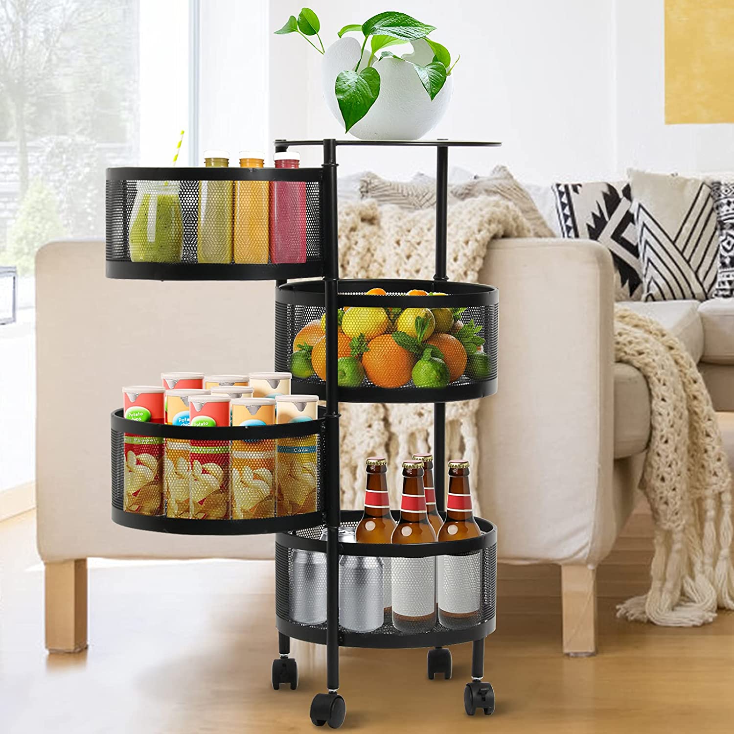 Todeco MultiFunction Rotating Storage Rack, Household Round MultiLayer Storage Shelf, 4 Tier