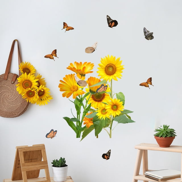 Adhesivos de pared con diseño floral de girasol, mariposa, PVC, 38 x 47 cm