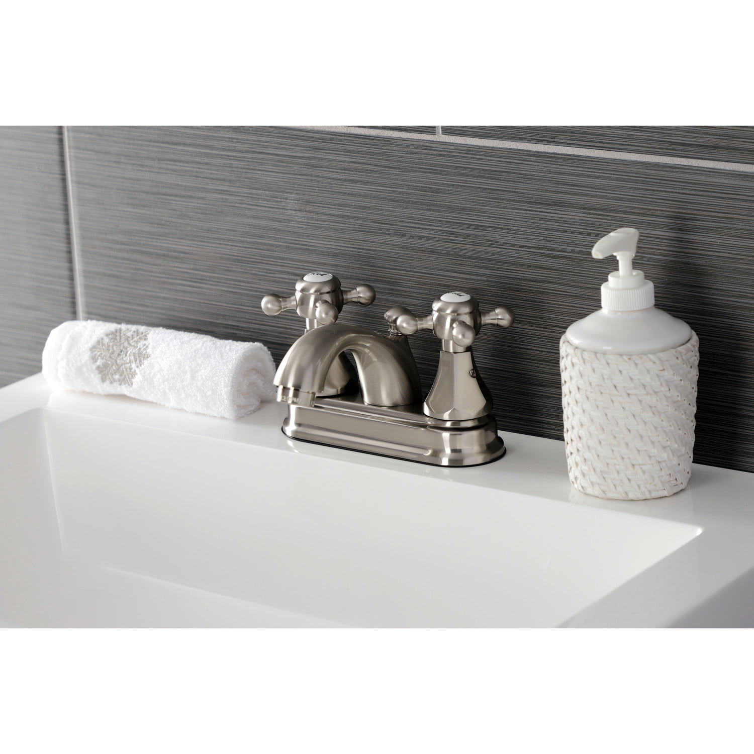 Kingston Brass KB4608BX Metropolitan 4 in. Centerset Bathroom Faucet with Pop-Up Drain, Brushed Nickel