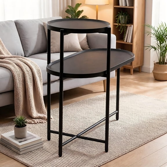 Fehomix Round Coffee Table with Storage Tray, 2 Tier End Table with Adjustable Feet, Small Side Table for Living Room, Black
