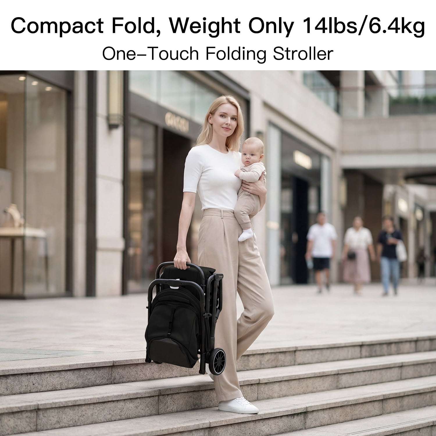 Gromast Compact Fold Baby Stroller, Lightweight Travel Toddler Stroller with One-Click Fold, Extendable UPF50+ Canopy, Cup Holder, UV Protected and Waterproof, One-Hand Folding - Black