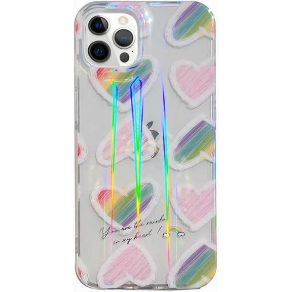 Compatible with iPhone 13 Pro Max Laser Gradient Holographic Graffiti Colorful Love Heart Cute Clear Bling Glitter Protection Fashion Shockproof Case for Girls Women