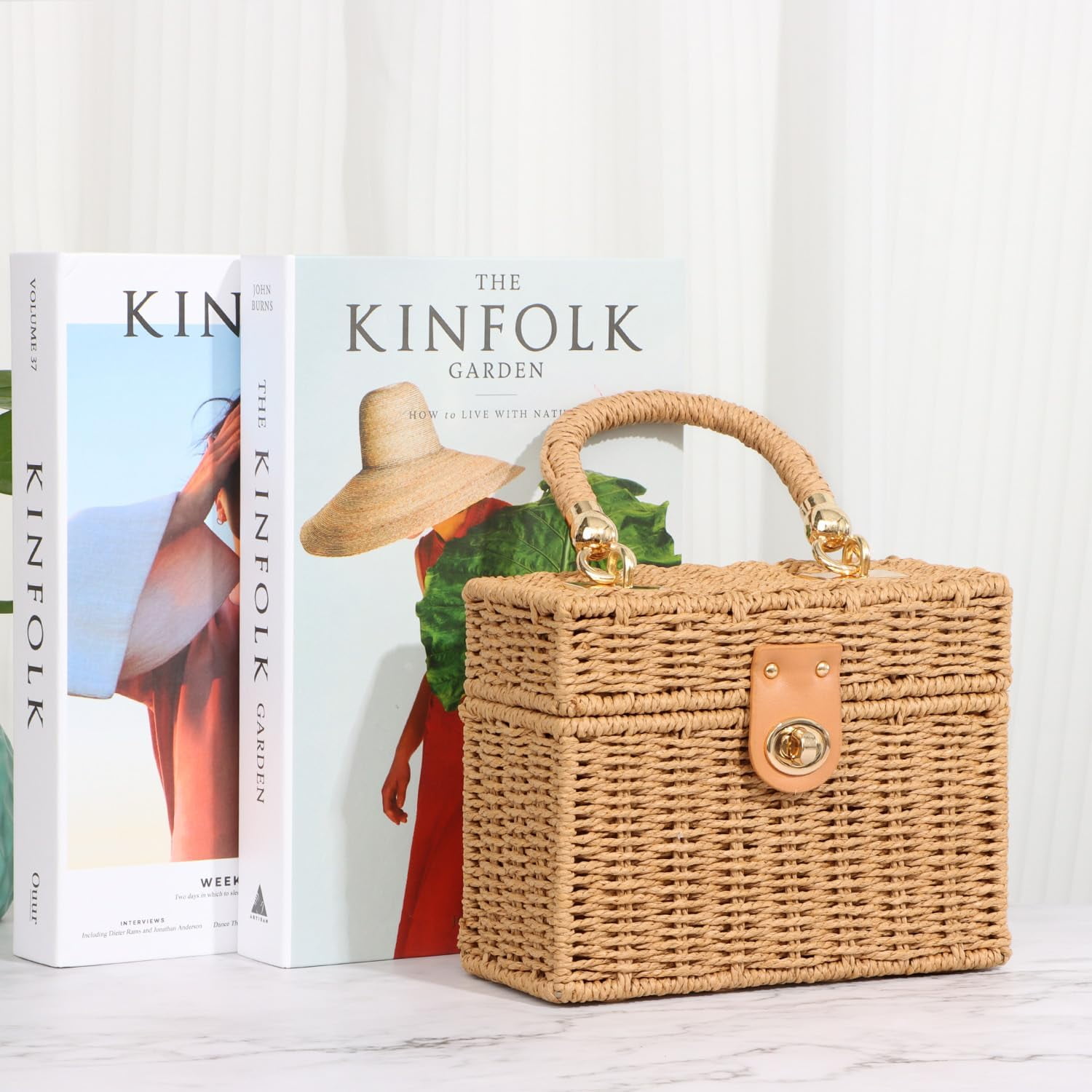 Handwoven Rattan Bag for Women Woven Straw Square Crossbody Bag Vintage Basket Purse Beach Tote Bag