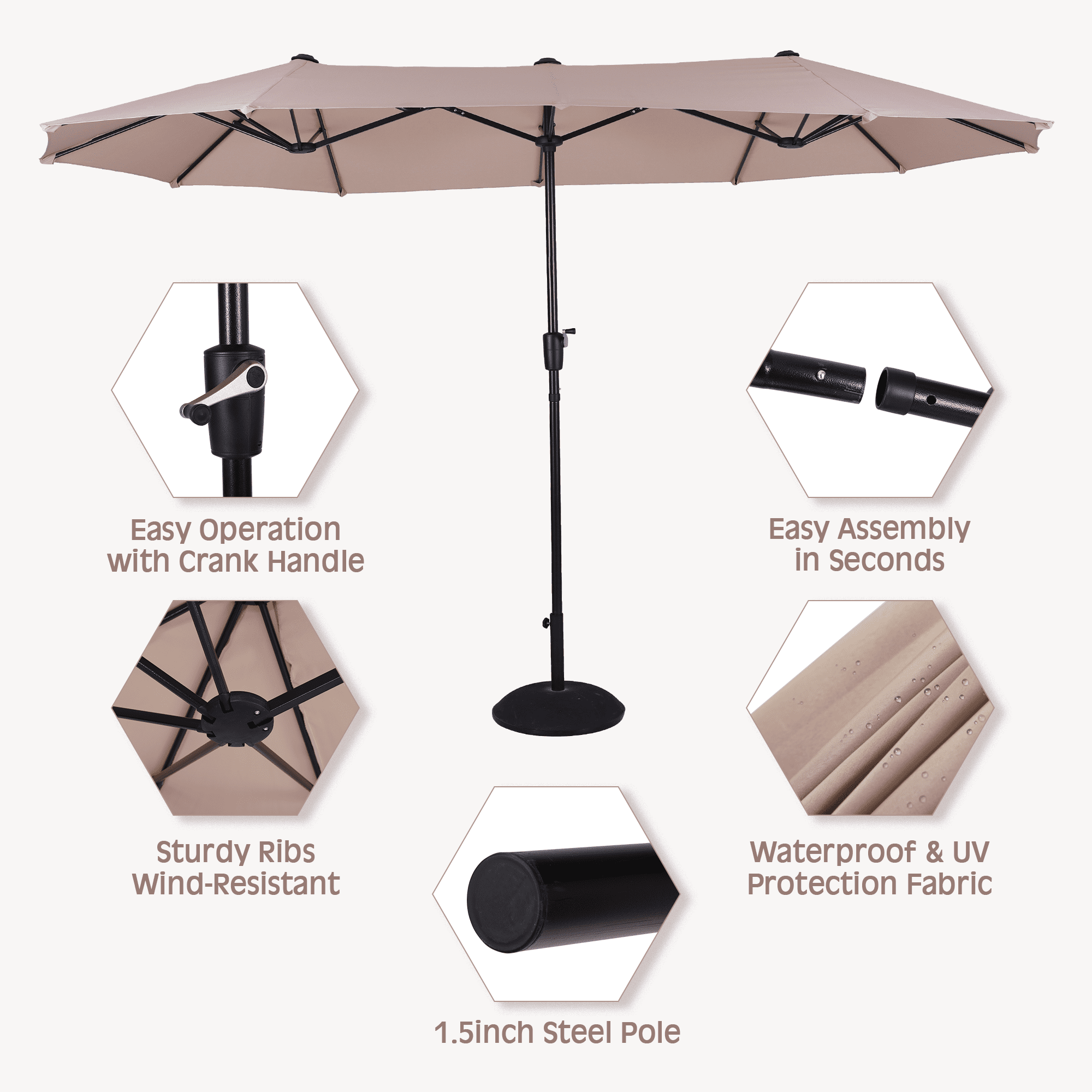 MF Studio 8-Piece Outdoor Patio Set with 13 ft Double-Sided Umbrella, 6 Wicker Cushioned Chairs & Rectangular Table, Black, Brown & Beige