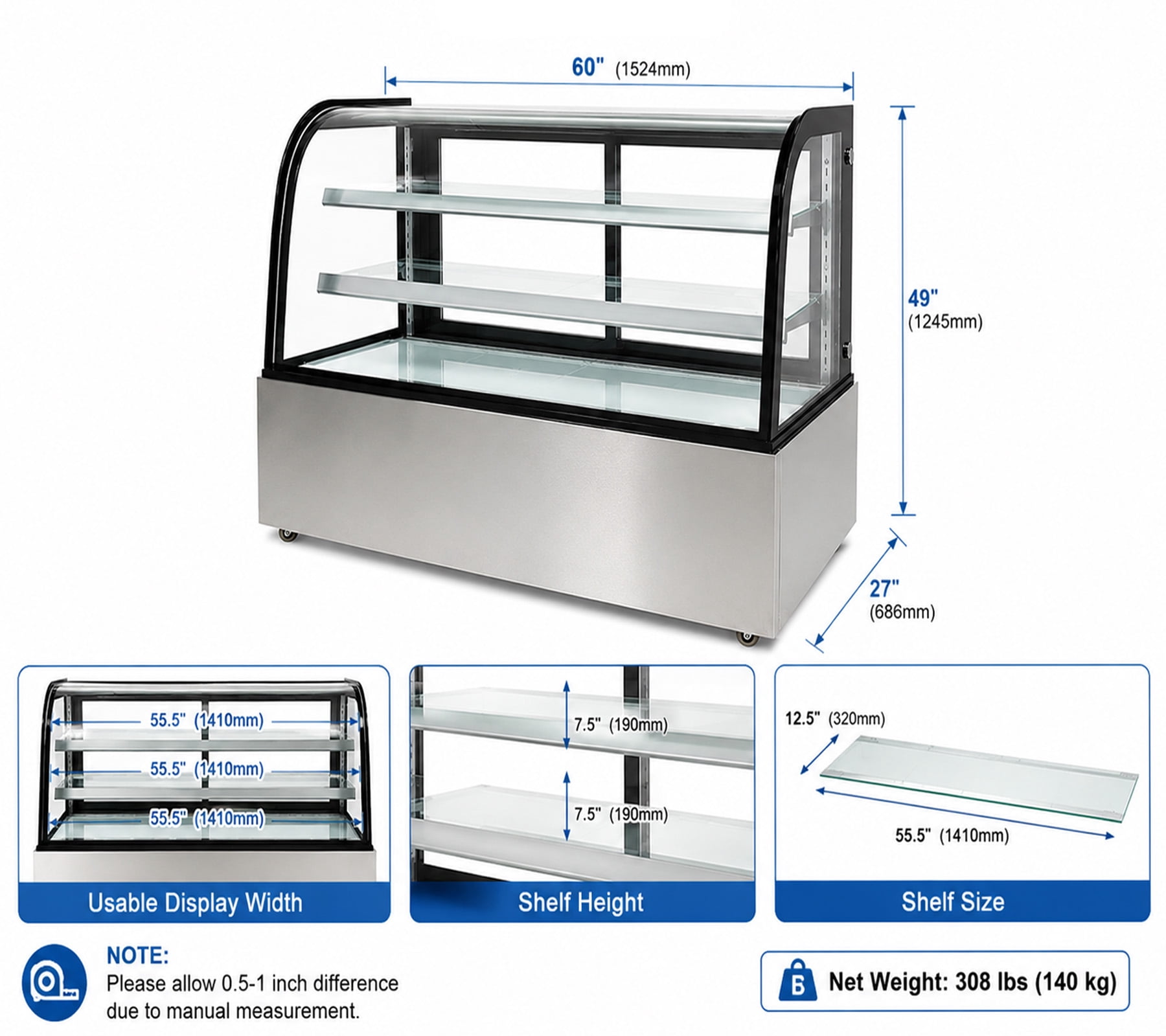 60" Commercial Refrigerated Bakery Display Case, Curved Glass Cake Showcase Refrigerator, LED Lighting, ETL