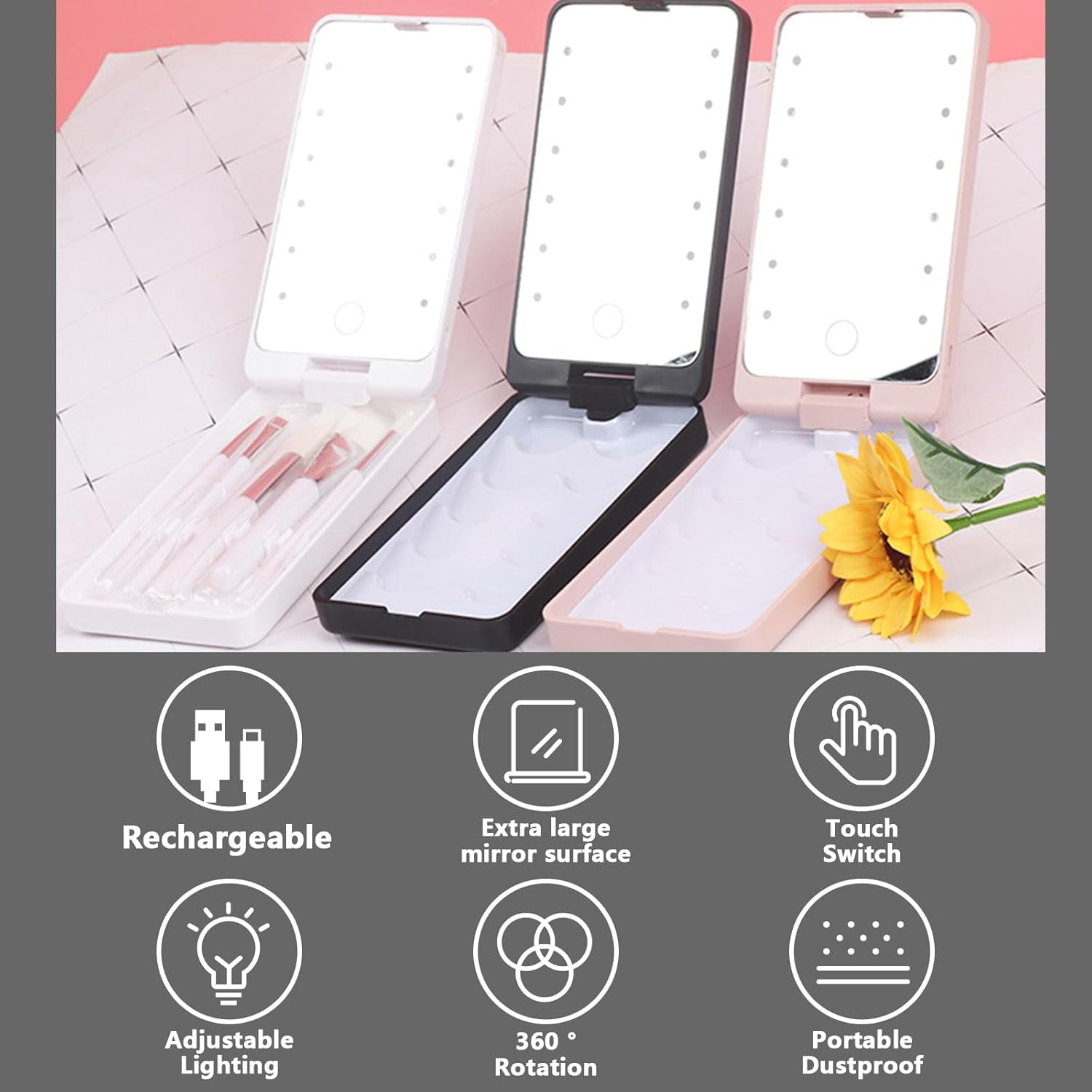 keyasia Travel Makeup Mirror Compact Mirror: Ultra Portable Folding Mirror With Light and Brush for Purses and Travel (Black)