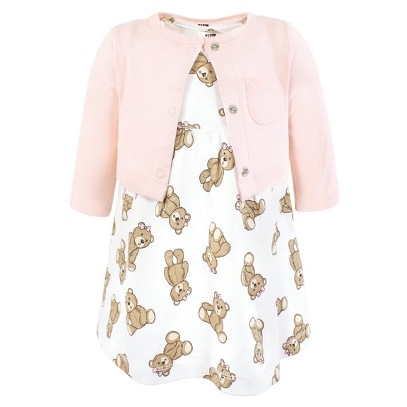 Hudson Baby Infant and Toddler Girls Cotton Dress and Cardigan Set, Pink Teddy Bears, 0-3 Months