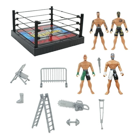 Action Figure Wrestling Ring Playset with Accessories, Wrestler Toys for Kids, Children, 4 Figures
