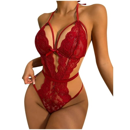 

QIPOPIQ Sexy Lingerie for Women Lace Hollow Out Underwear Sleepwear Jumpsuit Bodysuits Pajamas Babydoll Clearance
