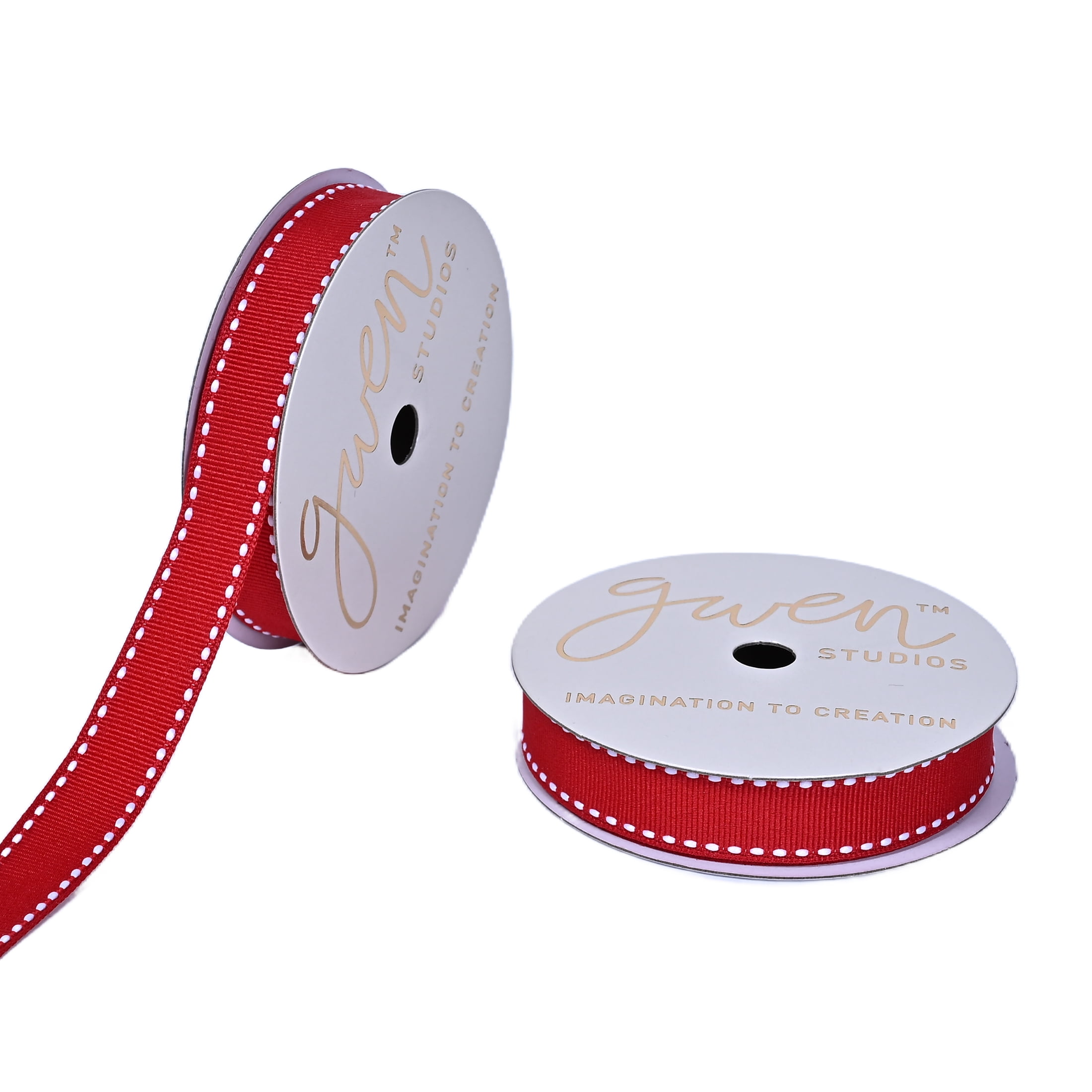 Gwen Studios 5/8" White Saddle Stitch on Red Grosgrain Ribbon, 7 Yards