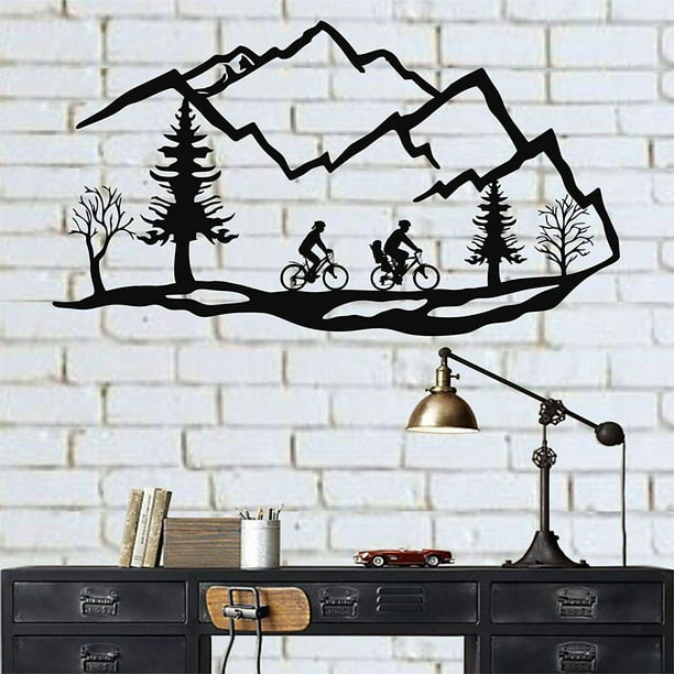LaModaHome Metal Wall Art Mountain Bike Trees Bikers Family Cycling Art