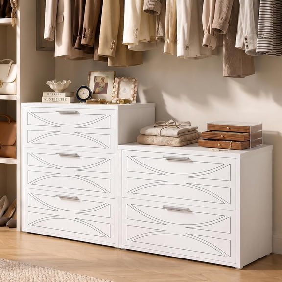 Homieasy White Closet Drawer Organizer System, Wooden 5 Drawer Storage Unit with Laser-etched Pattern for Closet, Bedroom