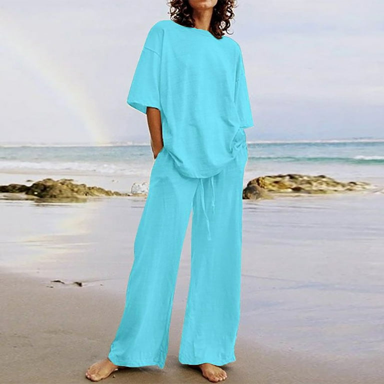 Plus Size Summer Outfits for Women Cotton Linen Pants Set 2 Piece Casual  Tops and Wide Leg Pants Two Piece Beach Sets