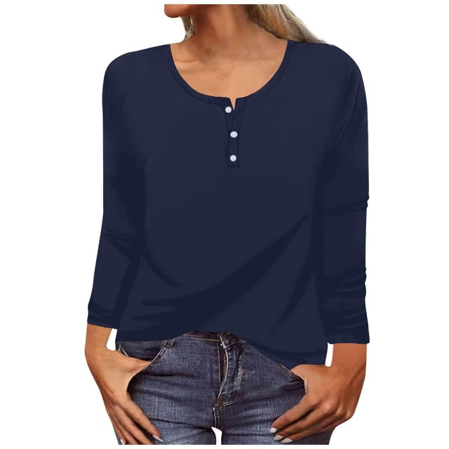 WEAIXIMIUNG Custom T Shirts with Photo Women's Casual Solid Color Long Sleeve U Neck Button T Shirt Top