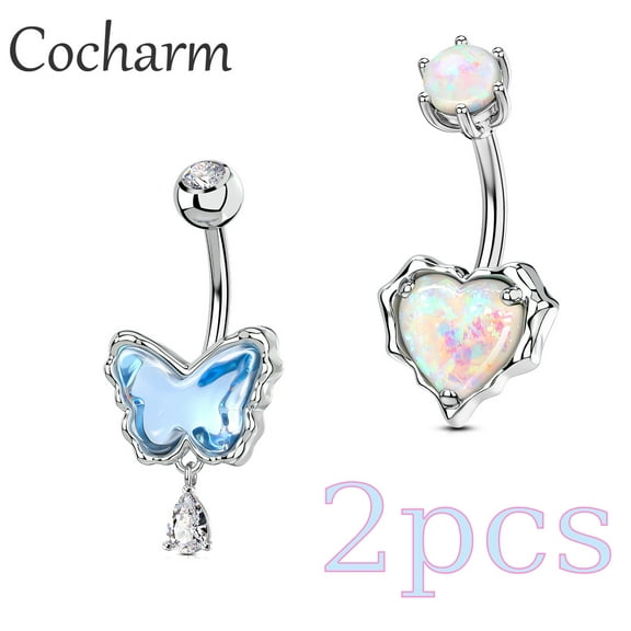 2PCS Belly Button Rings Dangle Butterfly Heart Opal 316L Stainless Navel Ring 14G Curved Barbell Body Piercing Jewelry