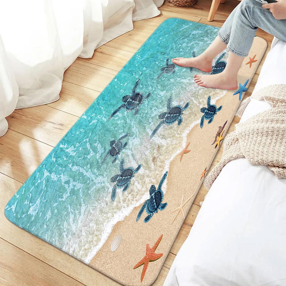 Sea Turtle Bathroom Rug, Nautical Turtle Non Slip Bath Mat with Underwater Seashell Bathroom Accessories Shower Mat Marine Animals Blue Ocean Kitchen Rug Non Slip Mat Soft for Toilet Tub RV (17"X48")