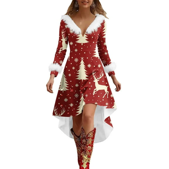 Oksale Xmas Tree Funny Print Christmas Dress for Women Fuzzy Plush Collar Midi Dresses Comfy Long Sleeve High Low Holiday Dresses Elegant Plus Size Outfits Red XXXL