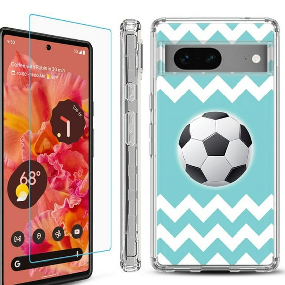 OneToughShield ® Compatible with Google Pixel 8, Shockproof Phone Case, with Tempered Glass Screen Protector - Chevron/Soccer