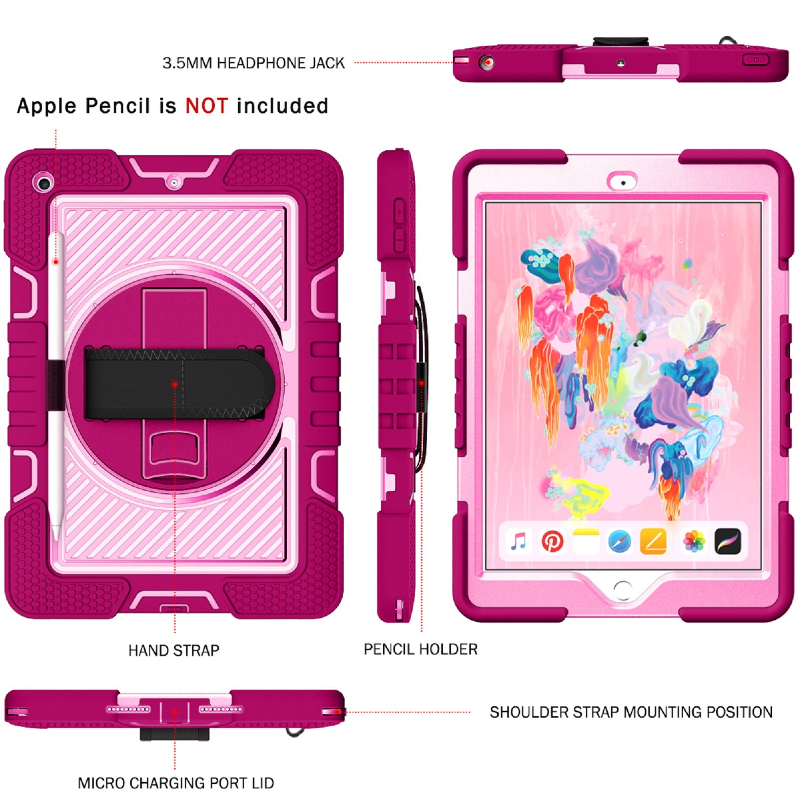 ELEHOLD Rugged Case For Apple iPad 11th(A16) 2025 Three-Layer Hybrid Muti-Functional Case with 360° Rotating Kickstand Pencil Holder Handstrap Shoulder Strap Shockproof Case ,D