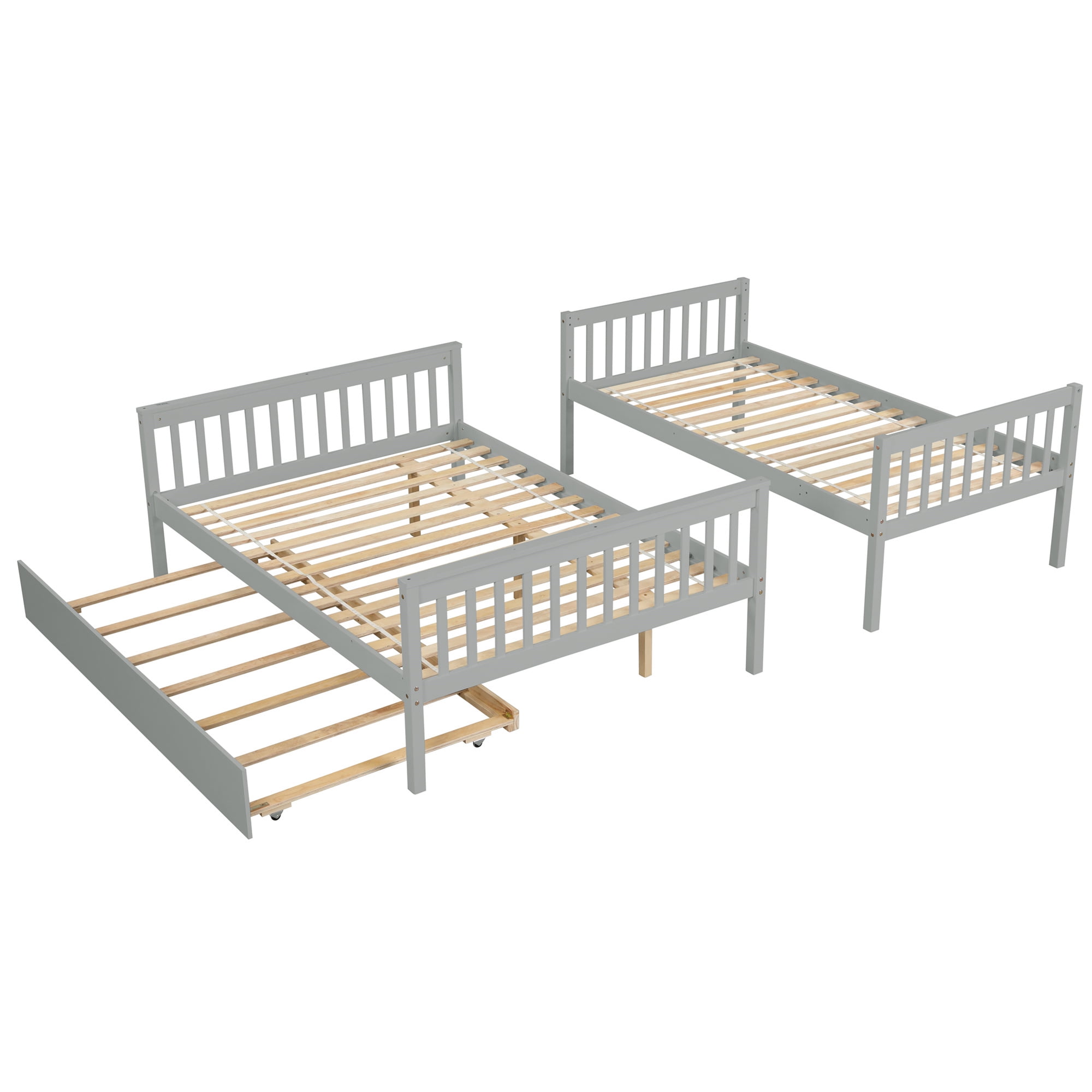 Kepooman Twin Over Full Bedroom Wooden Bunk Beds with Trundle & Safety Rail for Kids Teens, Grey Kepooman Twin Over Full Bedroom Wooden Bunk Beds with Trundle & Safety Rail for Kids Teens, Grey