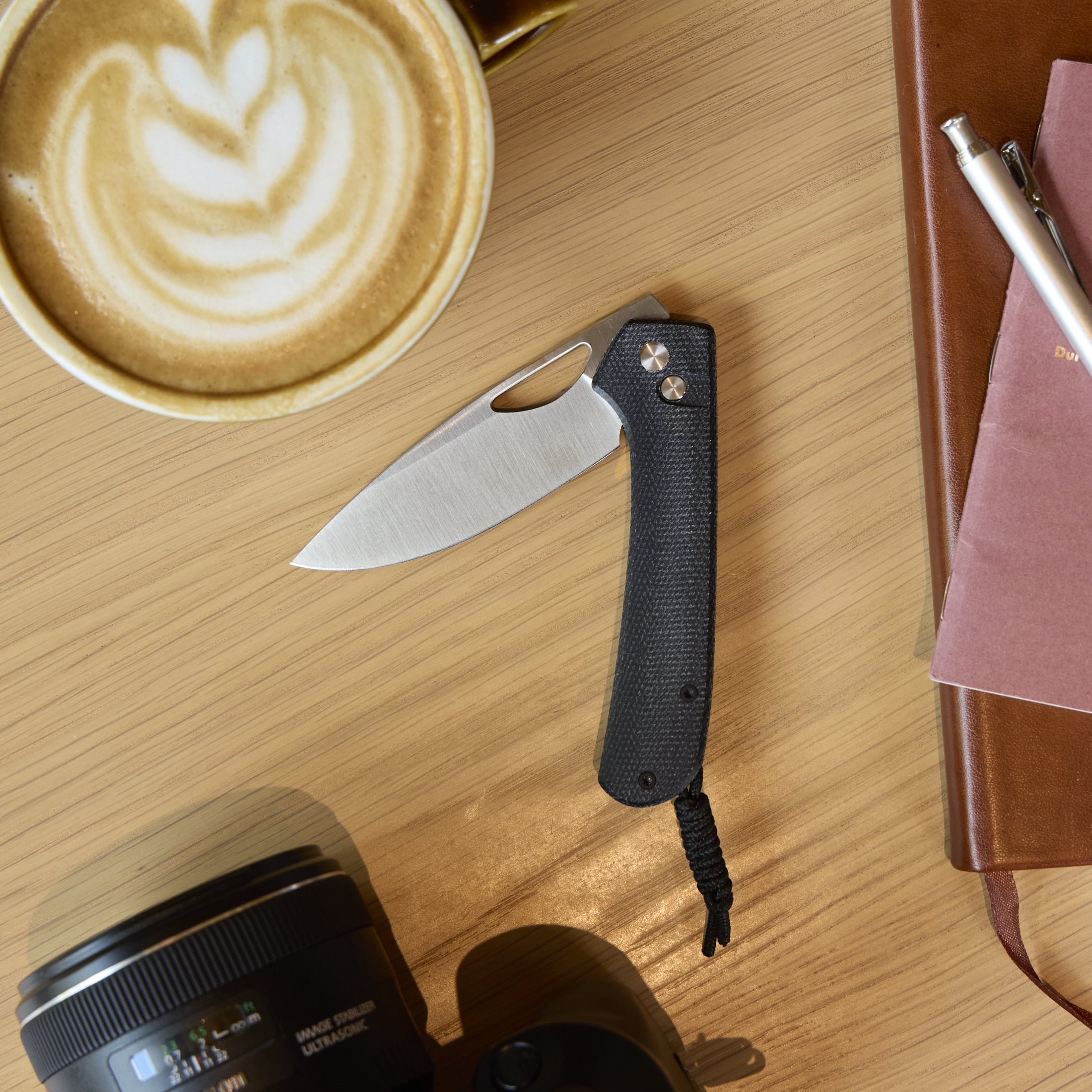 Swiss Tech Losung Premium Folding Knife, 14C28N Steel, Button Lock, Black Micarta