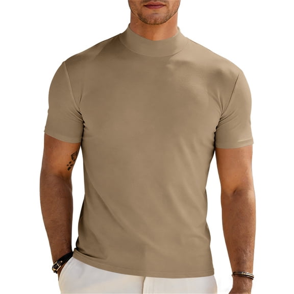Men's Short-Sleeved Mock-Neck Tees Casual Solid Shirt Summer T Shirt, L