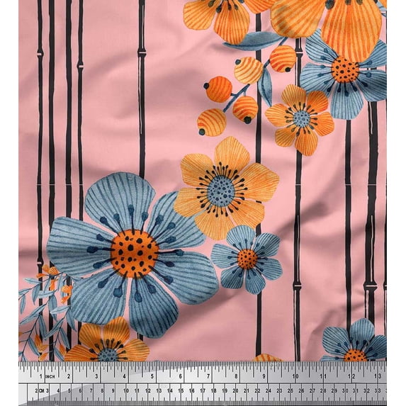 Soimoi Orange Cotton Poplin Fabric Leaves,Stripe & Floral Decor Fabric Printed BTY 56 Inch Wide