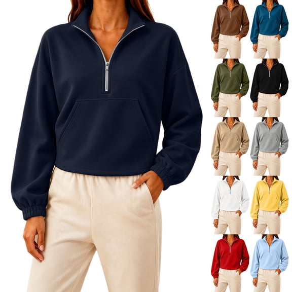 Liweisiy Women's Half Zip Stand Collar Sweatshirt Drop Shoulder Long Sleeve Solid Color Shirts With Pocket Casual Cropped Pullover Tops Red S