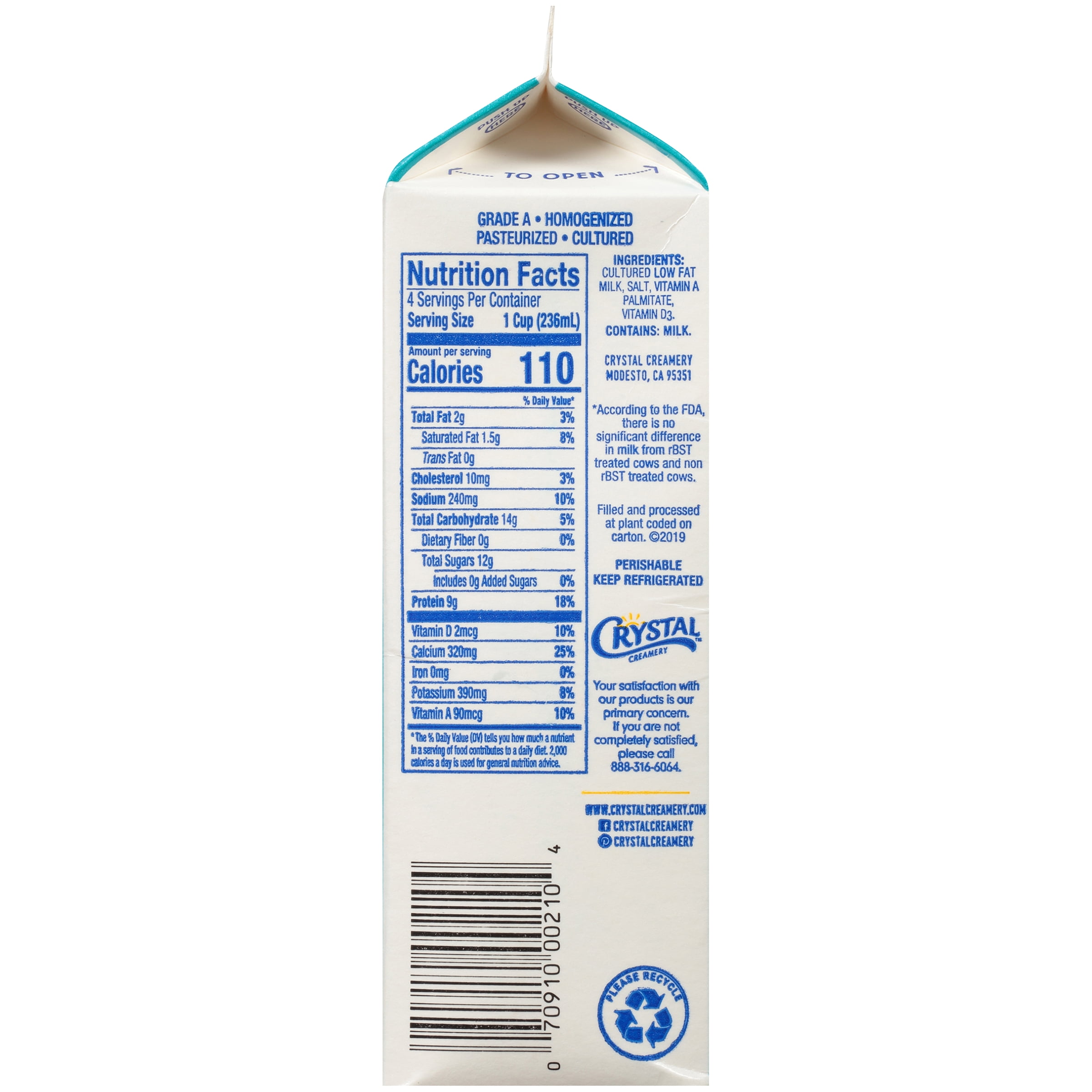 Crystal Creamery Cultured Low Fat Buttermilk, 1 qt