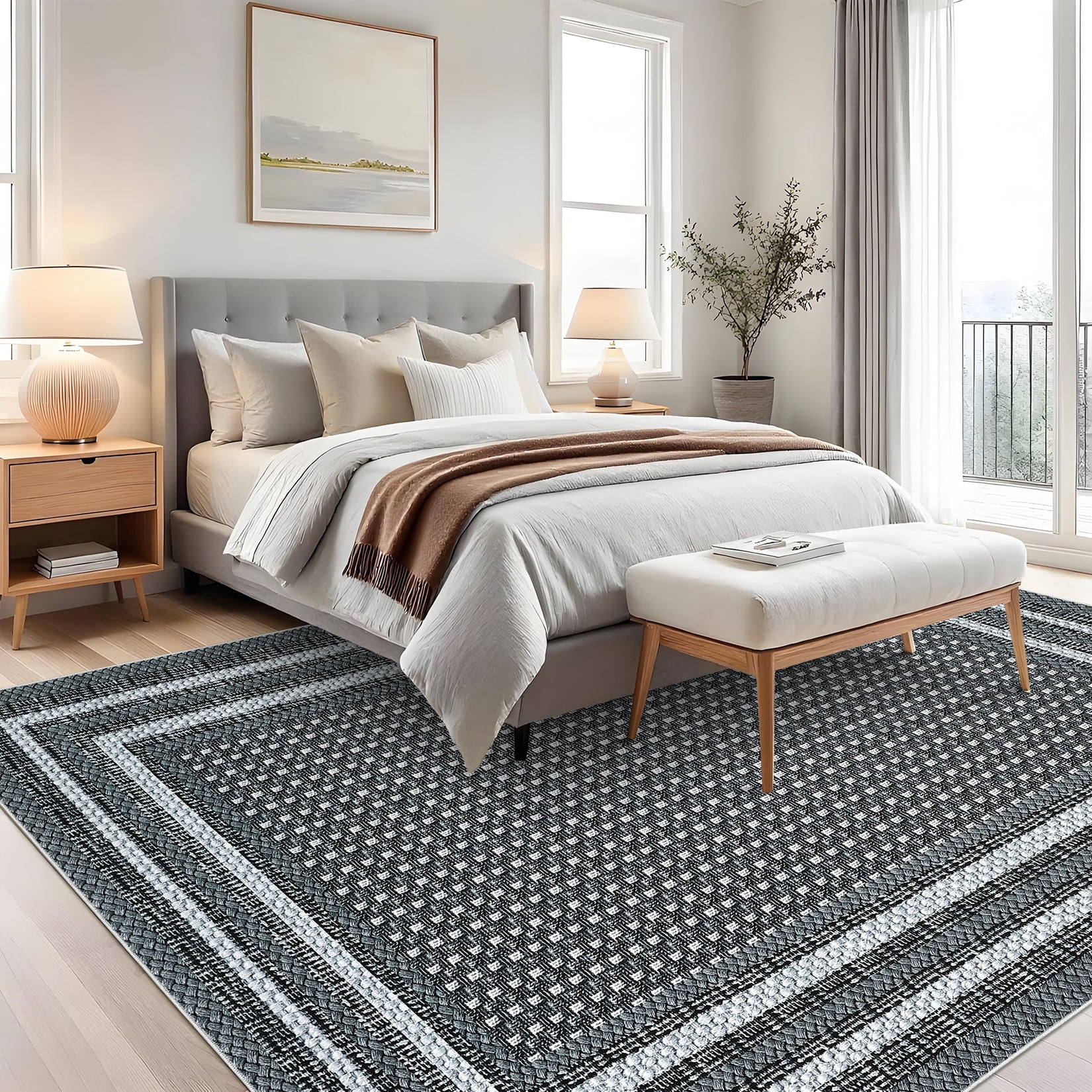 Garvee 9'x12' Bordered Print Area Rug Washable Rugs, Non Slip Modern Geometric Rug Stain Resistant Indoor Carpet for Living Room Bedroom Dining Room, Gray
