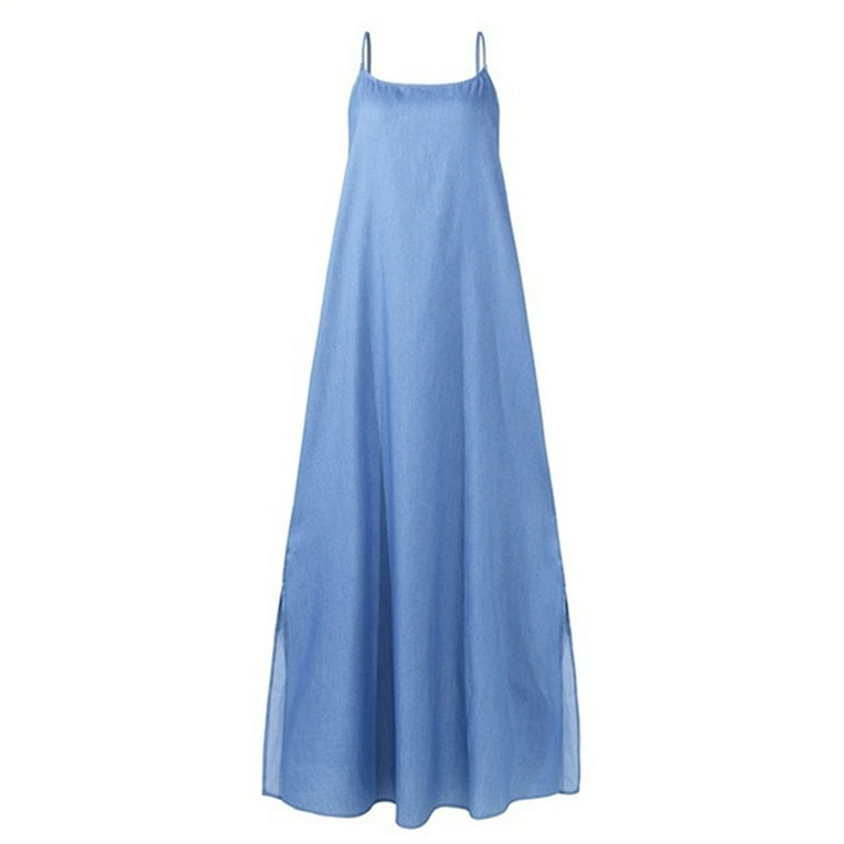 ワンピース PLAIN Blue Dress with Thin Straps in Fabric Woman Denim Dress for Womens Summer Spaghetti Strap Dresses Casual