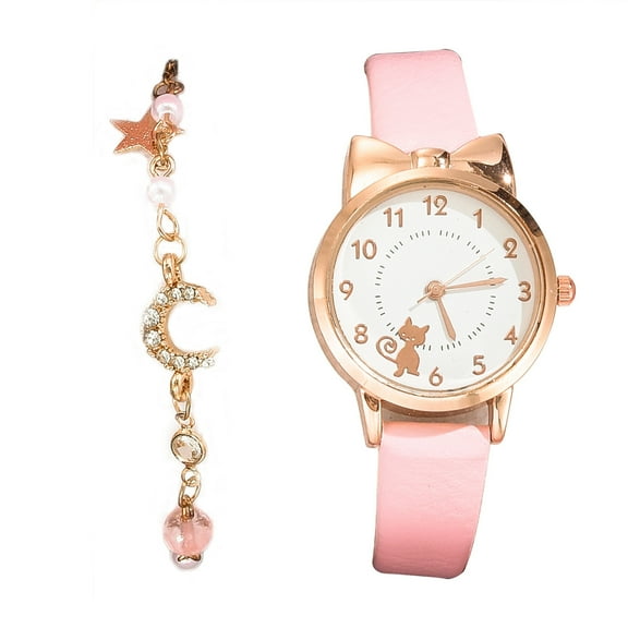 Guodhu Cute Cat-Ear Shaped Bow Watches Bracelets for Women - Dainty Gold Tone Bracelets Watch Set for Ladies Teen Jewelry Anniversary Birthday Christmas Gifts for Her