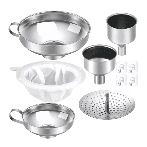 10 Pcs Funnel Set with Filter and Adhesive Hooks, Funnels for Kitchen Use Filling Bottles, Stainless Steel