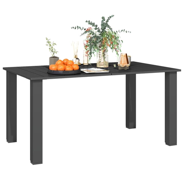 59" Outdoor Patio Dining Table, Black Metal Slatted Tabletop with Umbrella Hole, Seats Six, Robust Powder-Coated Steel Garden Table for Backyard, Balcony, and Poolside Use
