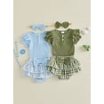 thumbnail image 2 of Loicainy Infant Baby Girl Summer Clothes 3 6 9 12 18 Months Ribbed Knit Solid Color Short Sleeve Romper Elastic Waist Plaid Shorts Headband 3Pcs Outfits Set, 2 of 9