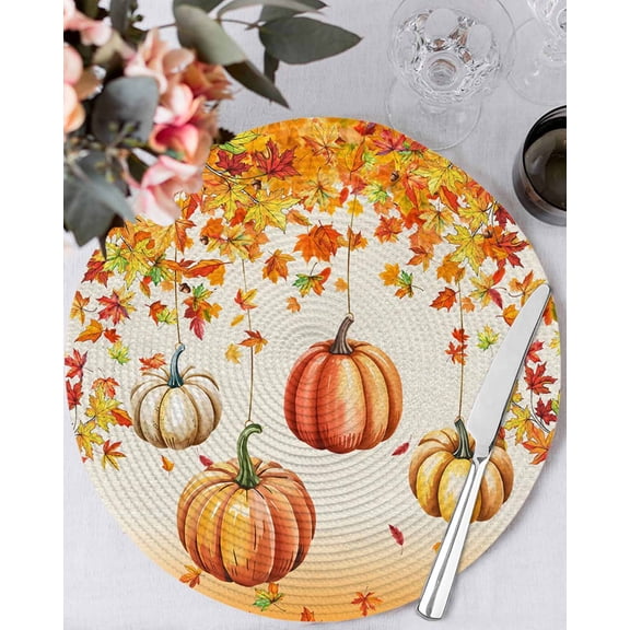 13 Inch Round Placemats Set of 4, Orange Pumpkins Fall Non Slip Heat Insulation PP Table Mats, Thanksgiving Maple Leaves Botanical Washable Place Mats for Kitchen Dining Party Table Decor