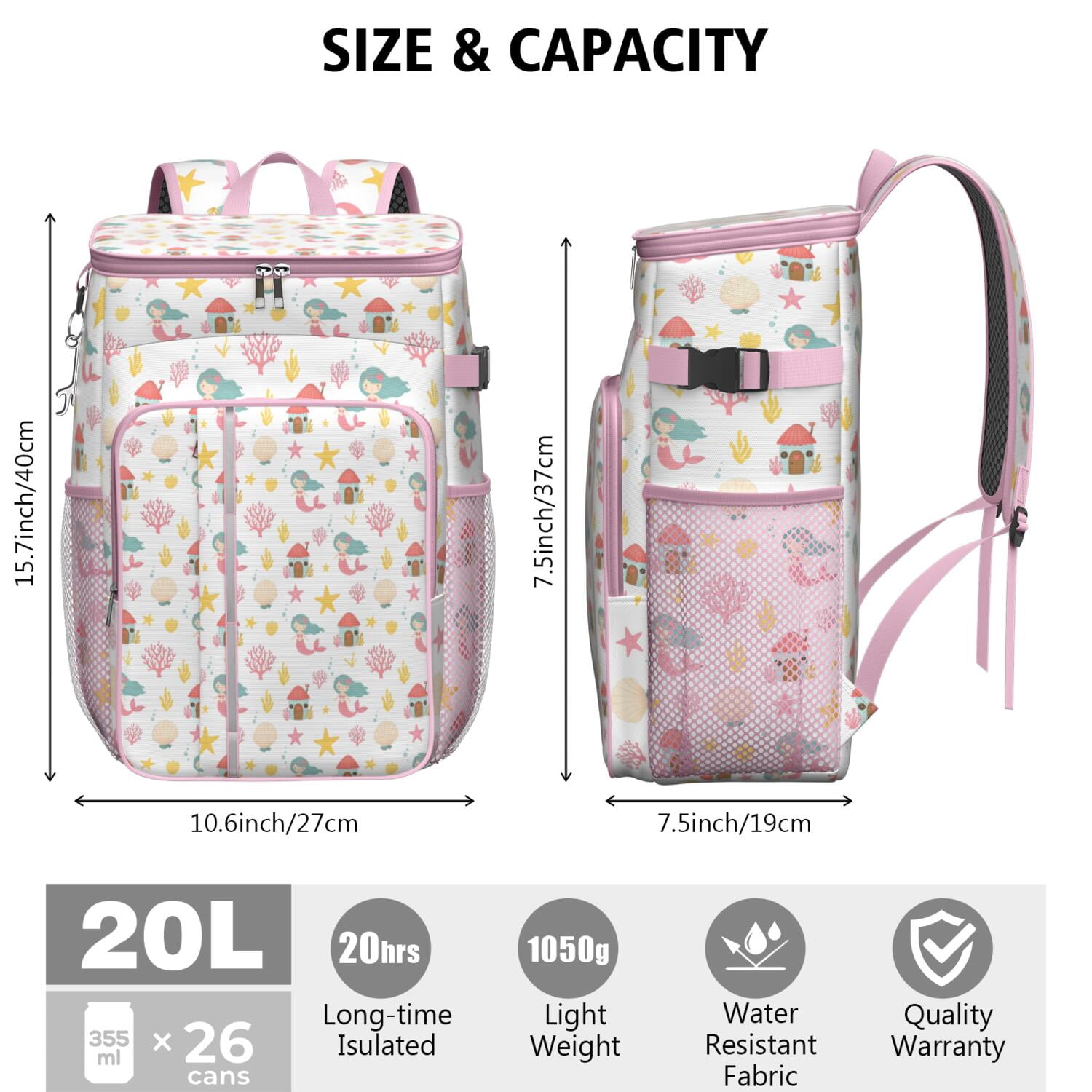 Travel Cooler Bag - White Mermaid Pattern Camping Beer Cooler Backpack with Bottle Opener- Waterproof Insulated Picnic Backpacks - Cooler Bag for Beach