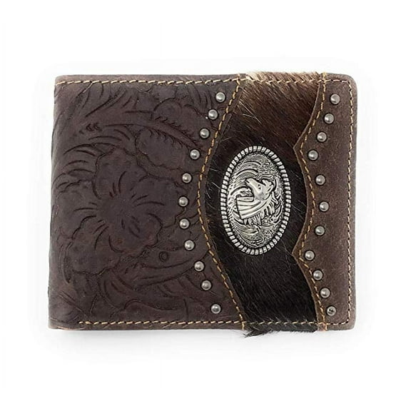 Western Genuine Tooled Leather Cowhide Cow Fur Horse Mens Bifold Short Wallet