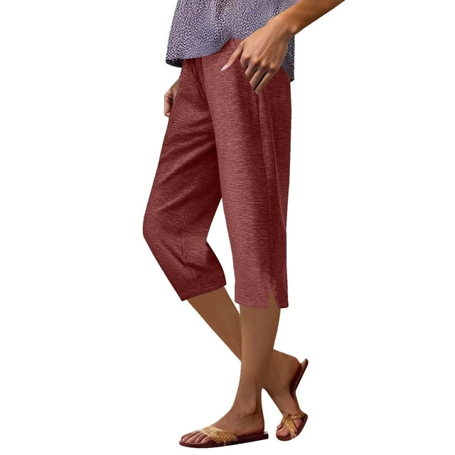 Side Split Capris Cotton Pants for Womens Drawstring Elastic Waist Capris Tummy Control Athletic-Fit Work Capris Office Work Capris Bussiness Pants with Pockets