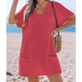 thumbnail image 5 of Swimsuit Coverup for Women Waffle Knit V Neck Short Sleeve Beach Coverup Dress with Pockets Pink L, 5 of 8